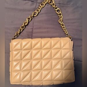 Zara - Quilted Beige Chain-Handle Shoulder Bag